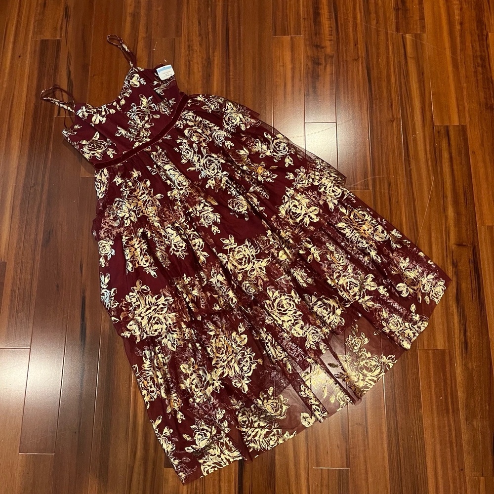 New NWT Badgley Mischka‎ Jewel Burgundy Gold Dress Tier Floral Print Maxi Size 6